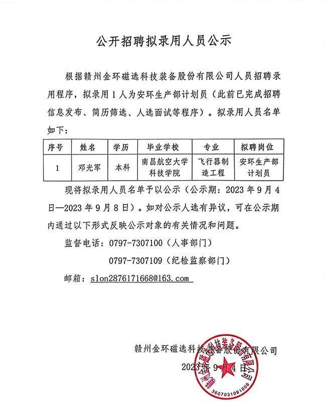 公开招聘拟录用人员公示